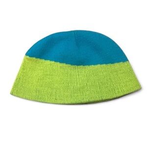 Green and blue striped knit beanie